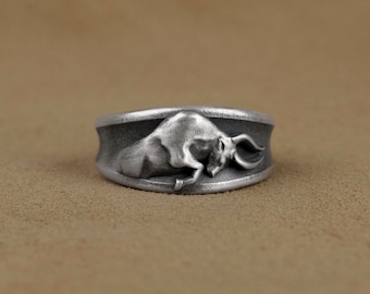 Silver Bull Band Ring, 925 Silver Zodiac Horoscope Taurus Silver Band Ring, Animal Ring, Wedding Jewelry, Zodiac Sign Ring, Gift For Husband