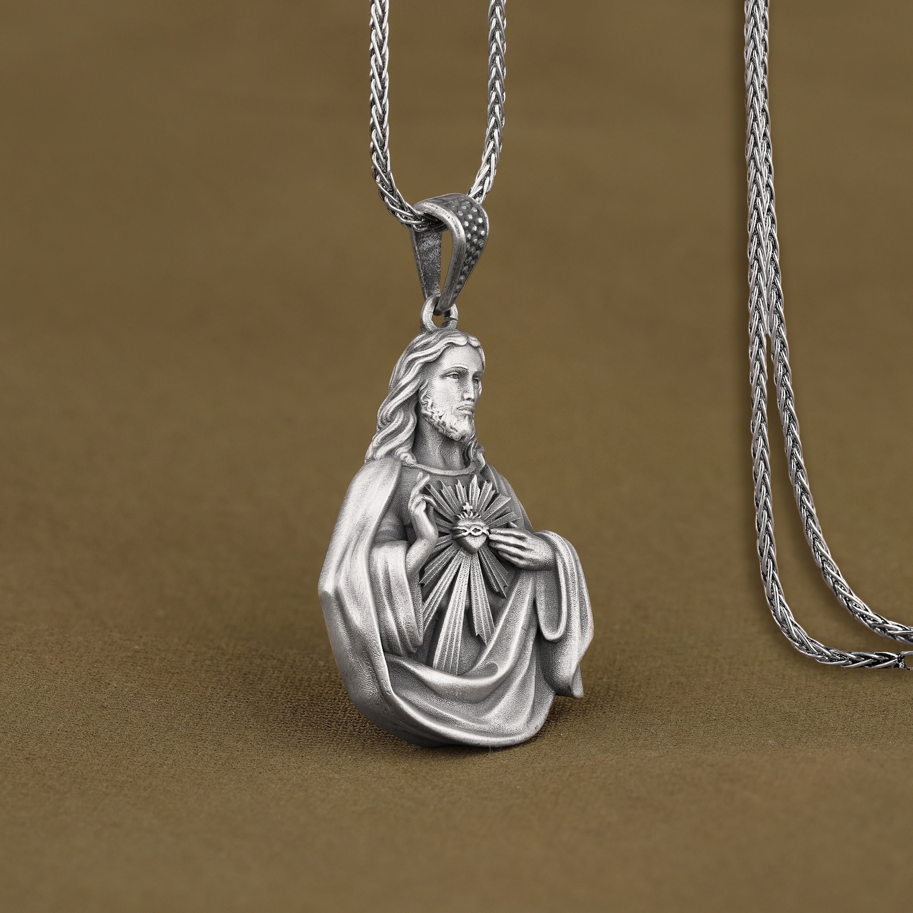Sacred Heart of Jesus Religious Necklace, Sterling Silver Handmade ...