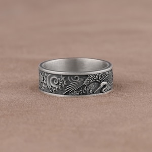 Japanese Shadoof Sun Ring, Traditional Ornamental Ring, Men Wedding Band Ring, Sterling Silver Ring, Japanese Jewelry, Asian Oriental Ring