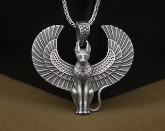 Egyptian Goddess Bastet Statue Necklace, Bast with Scarab on Its Chest Protection and Good Luck Charm, Handmade Silver Womens Pendant