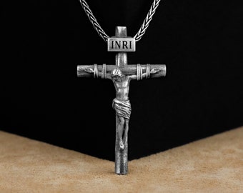 Crucifix Pendant, Christ Jesus Cross Christian Catholic Silver Men Necklace, Sterling Silver Cross Necklace, Silver Christian Accessory