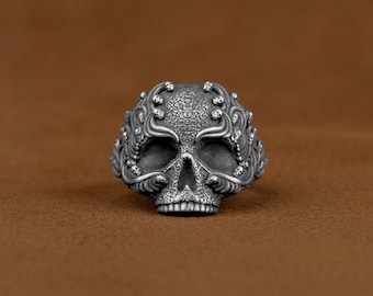 Srebrny męski pierścień z czaszką, pierścień gotycki w stylu vintage, pierścień motocyklowy, niezwykły pierścień punkowy, pierścień motocyklowy dla chłopaka