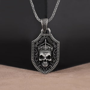 Skull and Sword in Patterns Necklace, 925K Sterling Silver Dad Necklace, Medieval Age Charm, Bikers Necklace, Gothic Skull Medallion Pendant