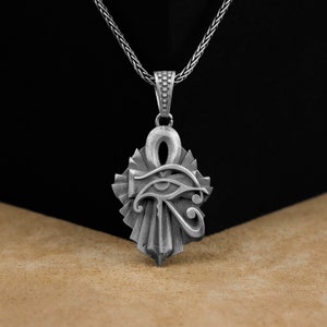 Horus Eye Pendant, Horus Eye Ankh Cross Silver Men Necklace, Egyptian Mytholgy Silver Jewelry, Ankh Pendant Jewelry, Birthday Gifts