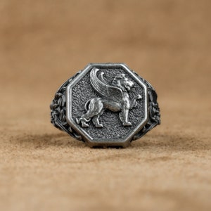 Antique Griffin Signet Silver Men Ring, Wedding Men Ring, Gryphon Men Ring, Mythological Accessory, Mythical Jewelry Ring, Birthday Gift
