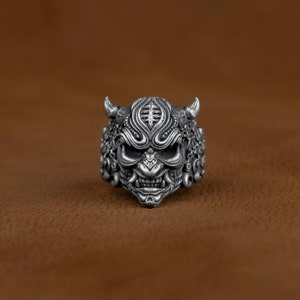 BySilverStone Oxidized Sterling Silver Hannya Men's Ring - Gothic Demon Oni Skull Ring, Handcrafted, Size 5-15
