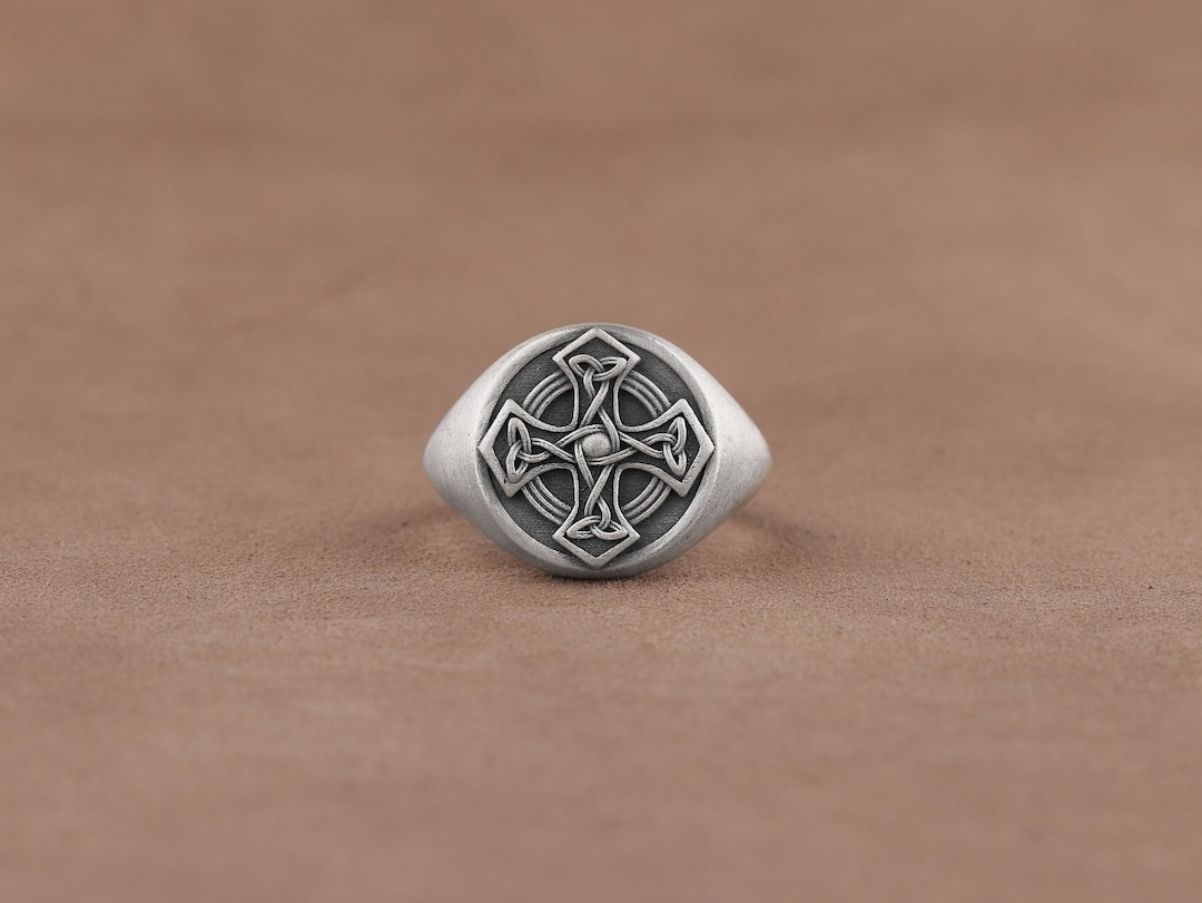 Celtic Cross Mens Pinky Ring, Handmade Celtic Knot Triquetra Engraved