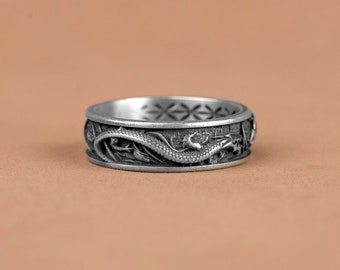 Dragon vs Koi Carp Fish Silver Band Ring, Japanes Traditional Wedding Ring, Dragon Koi Fish Gift Ring, Mythology Band Jewelry, Japanes Rings