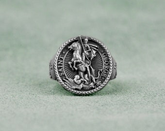 Anillo de hombres de San Jorge de plata, anillo de hombres de San Jorge y el dragón, anillo de hombres cristianos de San Jorge de forma redonda, regalo para el marido, regalos de cumpleaños