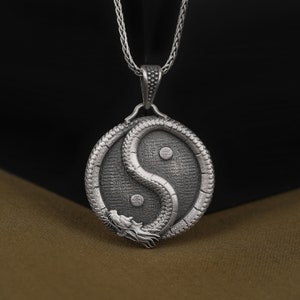 Chinese Dragon in Ying Yang Medallion, Sterling Silver Asian Mens Necklace, Handmade Oxidized Eastern Mythology Jewelry, Father&#39;s Day Gift