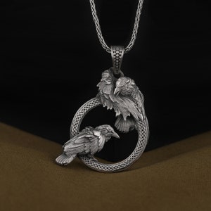Odin&#39;s Ravens Hugin and Munin on a Celtic Knot Circle, Norse Mythology Necklace, Unique 925 Sterling Silver Mens Necklace, Oxidized Jewelry