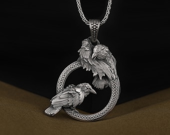 Odin&#39;s Ravens Hugin and Munin on a Celtic Knot Circle, Norse Mythology Necklace, Unique 925 Sterling Silver Mens Necklace, Oxidized Jewelry