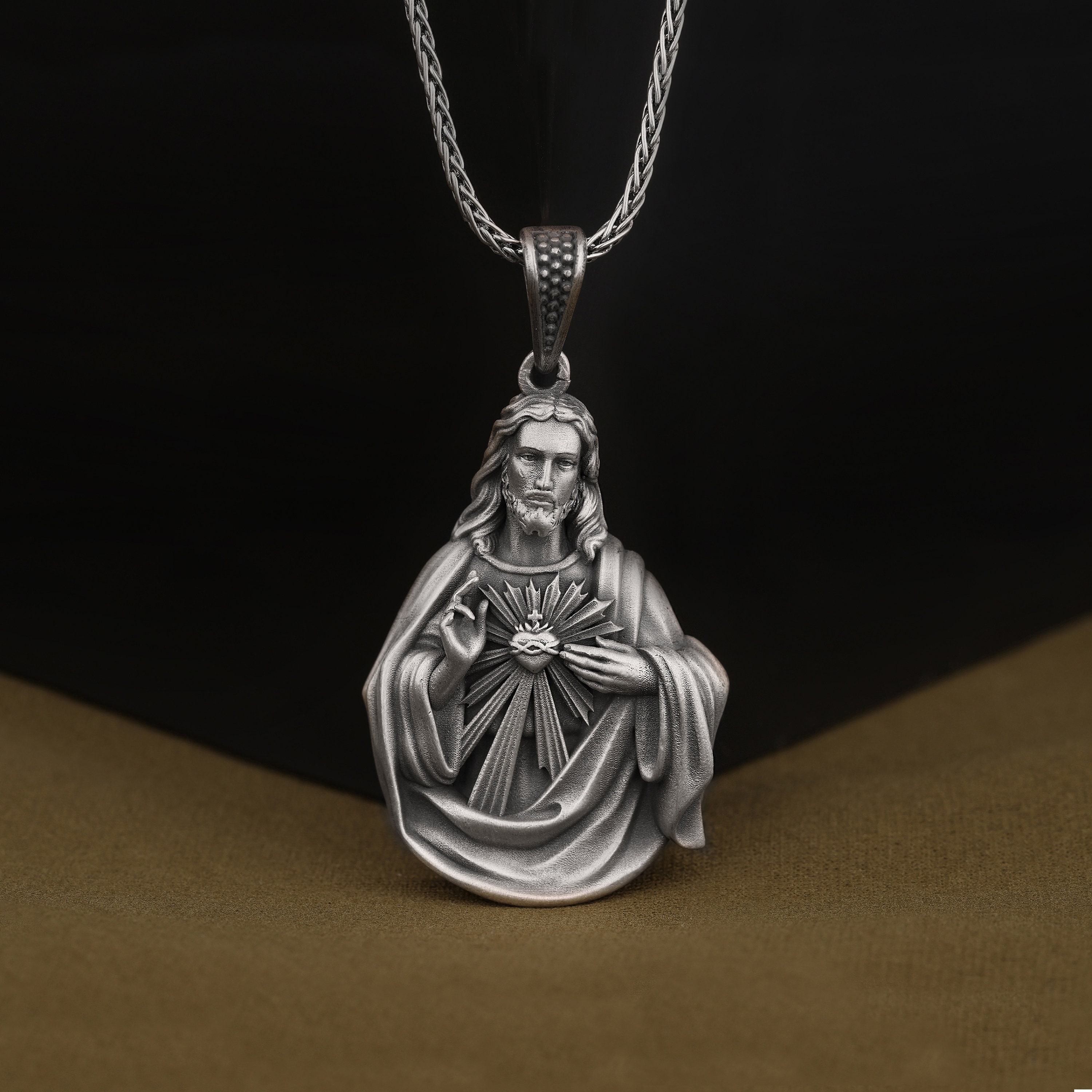Sacred Heart of Jesus Religious Necklace, Sterling Silver Handmade ...