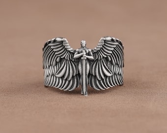 Michael the Archangel Wrap Ring in 925 Sterling Silver, St Michael Mens Signet Ring, Handmade Thumb Ring for Him, Unique Religious Jewelry