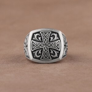 Cushion Cut Floral Signet Ring with Cross, Handmade Sterling Silver Statement Ring for Him, Religious Mens Ring, Birthday Gift for Father
