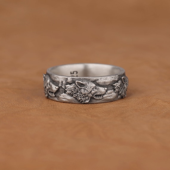 Sterling Silver Handmade Wolf Heads Engagement Ring, Eye-Catching Personalized Animal Jewelry, Cool and Unique Jewelry, Mens Statement Ring