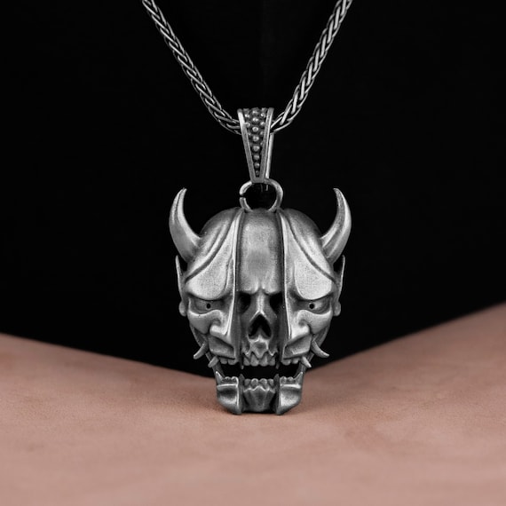 Engraved Devil Silver Men Necklace, Skull Turning to Devil Gothic