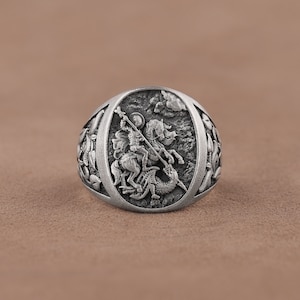 Anello con sigillo di San Giorgio che sconfigge il drago, anello religioso ovale, anello da uomo in argento sterling 925, gioielli cristiani personalizzati fatti a mano