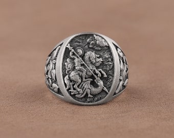 Saint George Defeating the Dragon Signet Ring, Oval Religious Ring, 925 Sterling Silver Mens Ring, Handmade Personalized Christian Jewelry