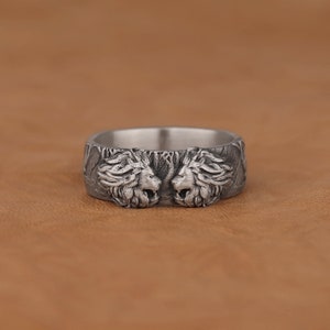 Two Maned Lion Heads Facing Each Other, 925 Sterling Silver Band Ring, Leo Jewelry For Astrology and Mythology Lovers, Personalized Ring