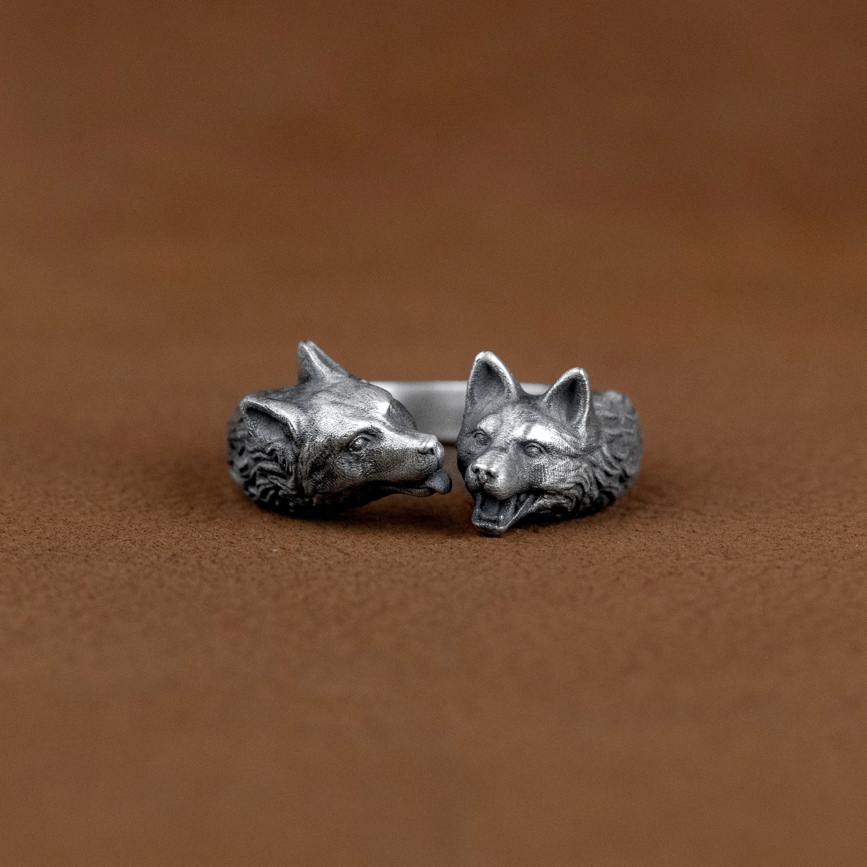 Silver Wolf Unique Band Ring, Twin Wolf Sterling Silver Ring Jewelry, Wolf Wedding Ring, Animal Lover Gift, Gift For Men, Birthday Gift