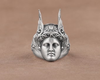 Greek Mythology God Hermes Ring, Caduceus Engraved Hermes Ring in 925 Sterling Silver, Handmade Realistic Greek Mens Ring, Birthday Gifts