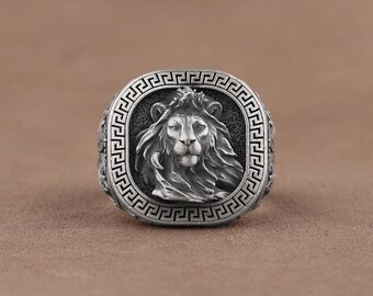 Handmade 925 Sterling Silver Maned Lion in Greek Meander Motif Mens Signet Ring, Mens Leo Signet Ring, 20th Anniversary Gifts for Husband