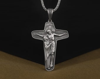 Unity Cross of Schoenstatt Necklace, Mother Mary and the Christ Symbol on Cross, Handmade 925 Sterling Silver Religious Jewelry for Him
