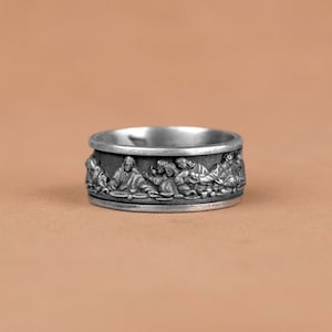 Jesus Last Supper By Da Vinci Faith Silver Wedding Band Ring, Jesus and His Apostles Christian Ring, Renaissance Men Ring, Anniversary Gifts