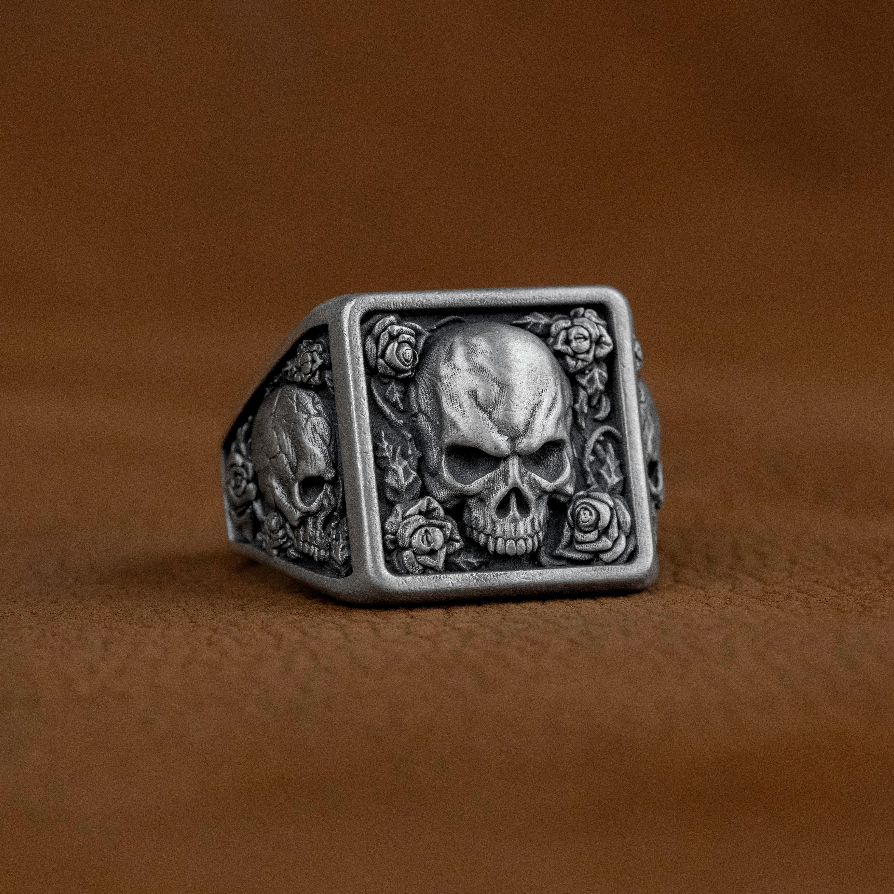 Skull With Rose One of A Kind Silver Men Ring, Floral Signet Ring