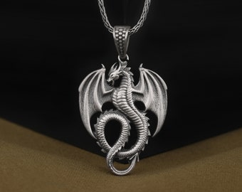 925 Sterling Silver Winged Dragon Pendant, Handmade Personalized Fantasy Jewelry, Asian Mythology Necklace, Unique Oxidized Mens Jewelry