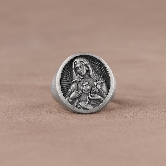 Saint Mary Sterling Silver Ring, 3D Silver Virgin Mary Signet Ring