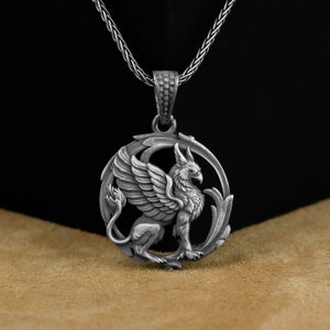 Griffin Pendant, Engraved Griffin Silver Men Neclklace, Sterling Silver Winged Lion Necklace, Gryphon Medallion Legendary Creature Pendant