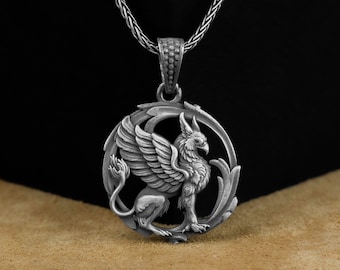 Griffin Pendant, Engraved Griffin Silver Men Neclklace, Sterling