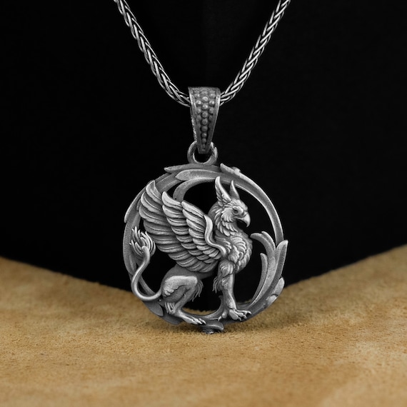 Griffin Pendant, Engraved Griffin Silver Men Neclklace, Sterling