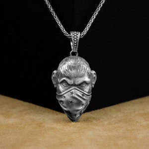 Gorilla Pendant, Ape Gorilla and Bandana Unique Silver Biker Necklace, Sterling Silver Animal Necklace, Animal Lover Gift Jewelry