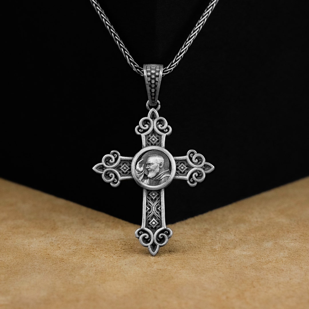 Padre Pio Pendant, Saint Padre Pio Men Silver Cross Men Necklace
