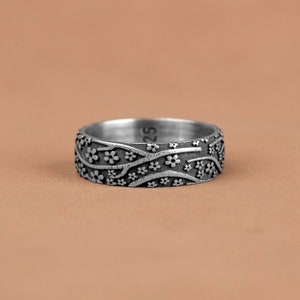 Sakura Flower Band Silver Ring, Japanese Wedding Band Ring with Sakura Flowers, Cool Sakura Flower Band Ring, Japanese Ring For Groom Bride