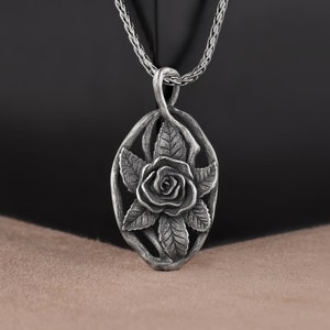 Rose Pendant, 3D Rose Necklace, Sterling Silver Pendant, Flower Medallion, Valentine Day Pendant, Romantic Necklace Gift for Girlfriend