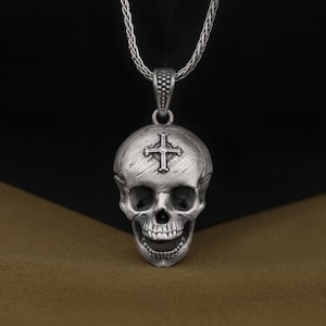Handmade Cross on the Skull Necklace, Oxidized Gothic Style Pendant, 925 Sterling Silver Cool Mens Necklace, Unique Biker Jewelry for Him