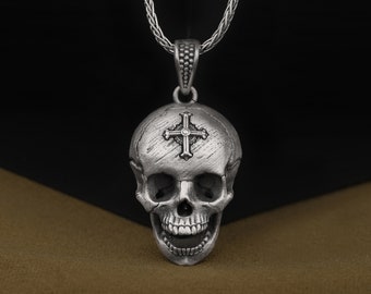 Handmade Cross on the Skull Necklace, Oxidized Gothic Style Pendant, 925 Sterling Silver Cool Mens Necklace, Unique Biker Jewelry for Him
