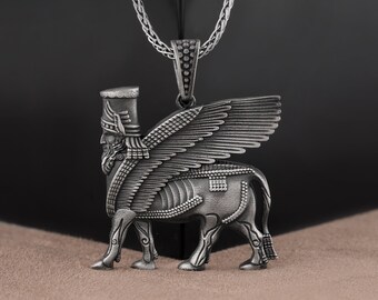 Silver Assyrian Necklace, Lamassu Pendant, Assyrian Winged Bull Necklace, Human Headed Mythical Creature Dad Necklace, Silver Mens Necklace