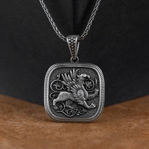 Handmade Gryphon Necklace, Silver Griffin Pendant, Medieval Charm Men Necklace Jewelry, Mythical Accessory Memorial, Gift For Husband
