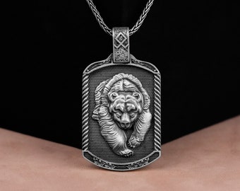 Naszyjnik z zawieszką z niedźwiedziem i celtycką tarczą, srebrny męski naszyjnik, skandynawska biżuteria srebrna, wisior z niedźwiedziem, prezent na rocznicę, prezent urodzinowy, prezent dla mężczyzn