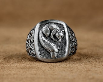 Custom Engraved Fox Signed Men Ring, Fox Silver Ring, Animal Lover Gift, Wild Fox Jewelry, Handmade Signet Ring For Engagement Gift