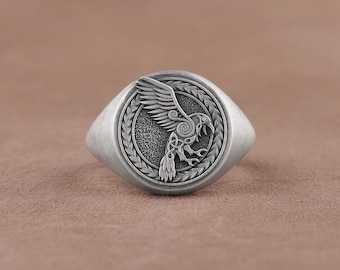 Odin&#39;s Raven of Prophecy Signet Ring, Celtic Knot Art Motif  Pinky Ring, Handmade 925 Sterling Silver Ring, Oxidized Mens Rings, Cool Rings