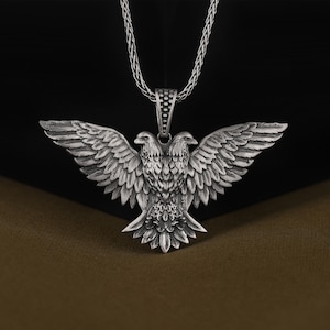 Two Headed Eagle Necklace in 925 Sterling Silver, Handmade Ancient Mythological Eagle Symbol Pendant, Patriotic and Unique Mens Gift