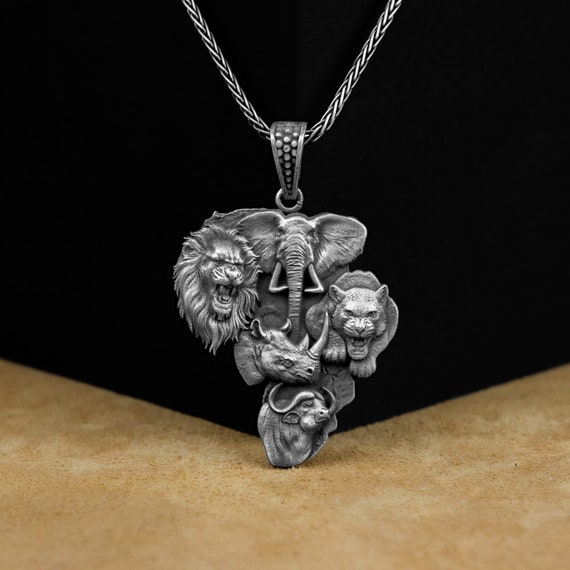 Big Five Pendant, African Big Five Silver Necklace, Rhino Elephant