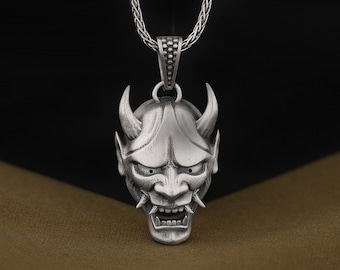 Japanese Horned Demon Mask Pendant, Edgy Oni Mask Necklace in Sterling Silver, Gothic Bikers Jewelry, Cool Anniversary Gift for Boyfriend