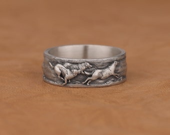 Running Wolves in the Wilderness Band Ring in Sterling Silver, Handcrafted Oxidized Mens Statement Ring, Personalized Unique Animal Jewelry